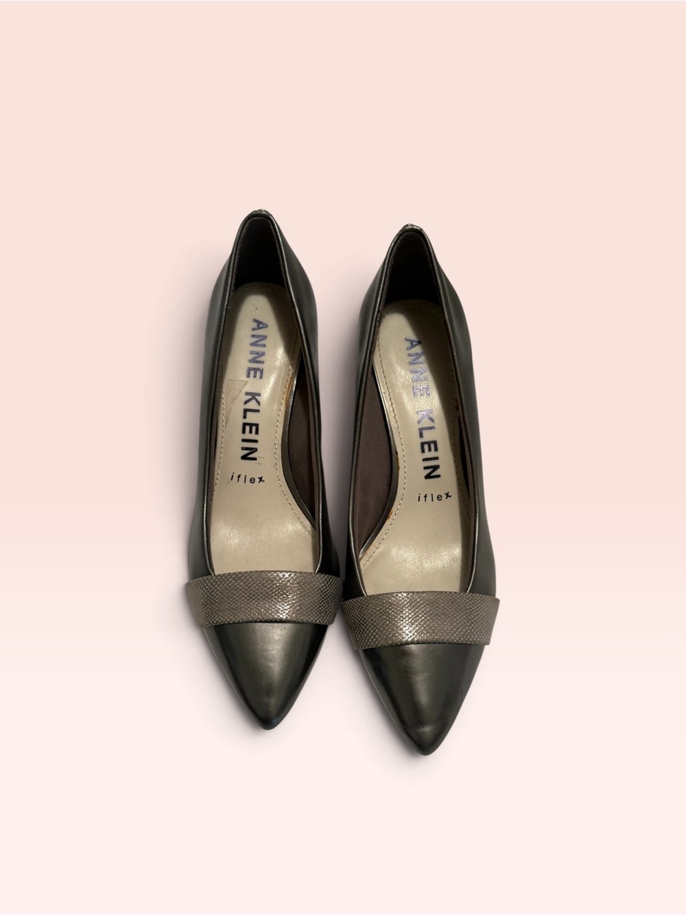 Anne Klein Metallic Gray Pointed Toe Pumps with Textured Band